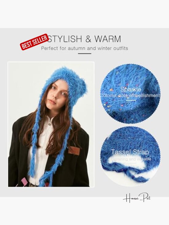 Cute Cat Ear y2k Furry Knit Beanie with Long Ear Straps Winter Hat main image 5